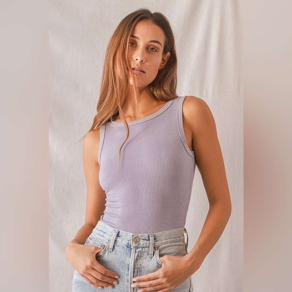 Lulus Closer to You Ribbed Sleeveless Bodysuit in Lavender Size M